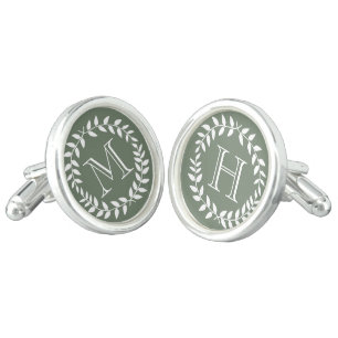Sage Green Monogram Elegant Modern Foliage Wreath Cufflinks