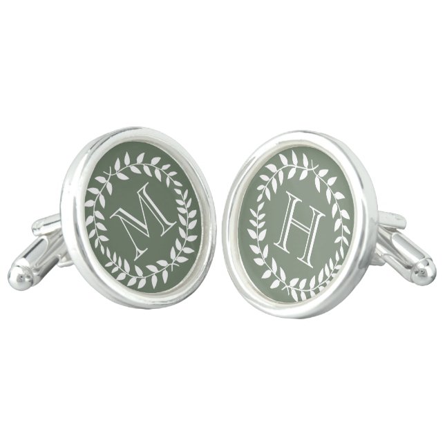 Sage Green Monogram Elegant Modern Foliage Wreath Cufflinks (Angled)