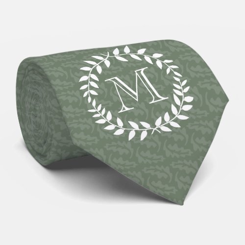 Sage Green Monogram Elegant Modern Foliage Wreath Neck Tie