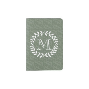 Sage Green Monogram Elegant Modern Foliage Wreath Passport Holder