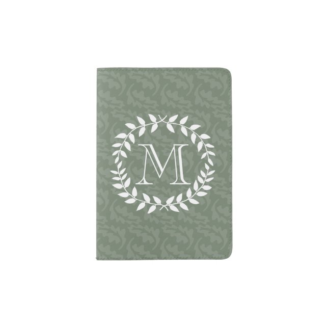 Sage Green Monogram Elegant Modern Foliage Wreath Passport Holder (Front)