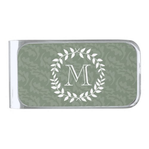 Sage Green Monogram Elegant Modern Foliage Wreath Silver Finish Money Clip