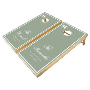 Sage Green Monogram Elegant Wedding Cornhole Set