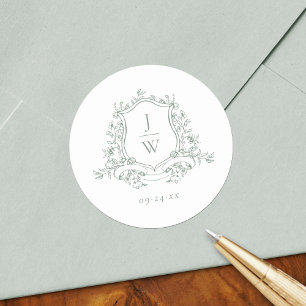 Sage Green Monogram Floral Crest Elegant Wedding Classic Round Sticker