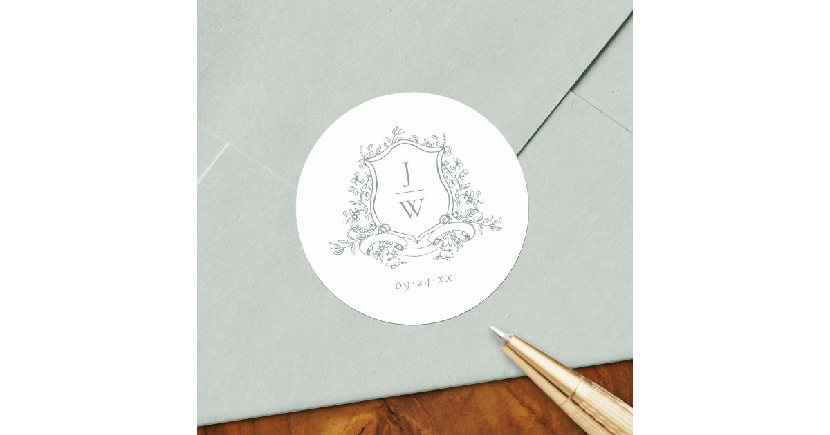 Sage Green Monogram Floral Crest Elegant Wedding Classic Round Sticker ...