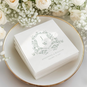 Sage Green Monogram Floral Crest Elegant Wedding Napkins