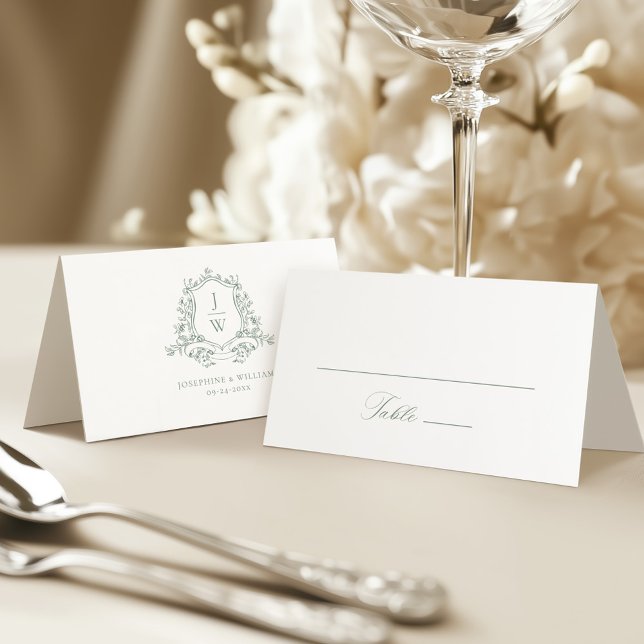 Sage Green Monogram Floral Crest Elegant Wedding Place Card (Creator Uploaded)