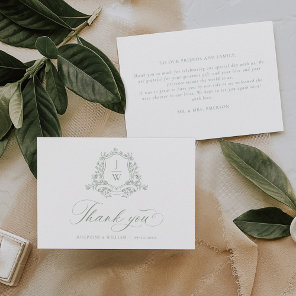 Sage Green Monogram Floral Crest Elegant Wedding Thank You Card