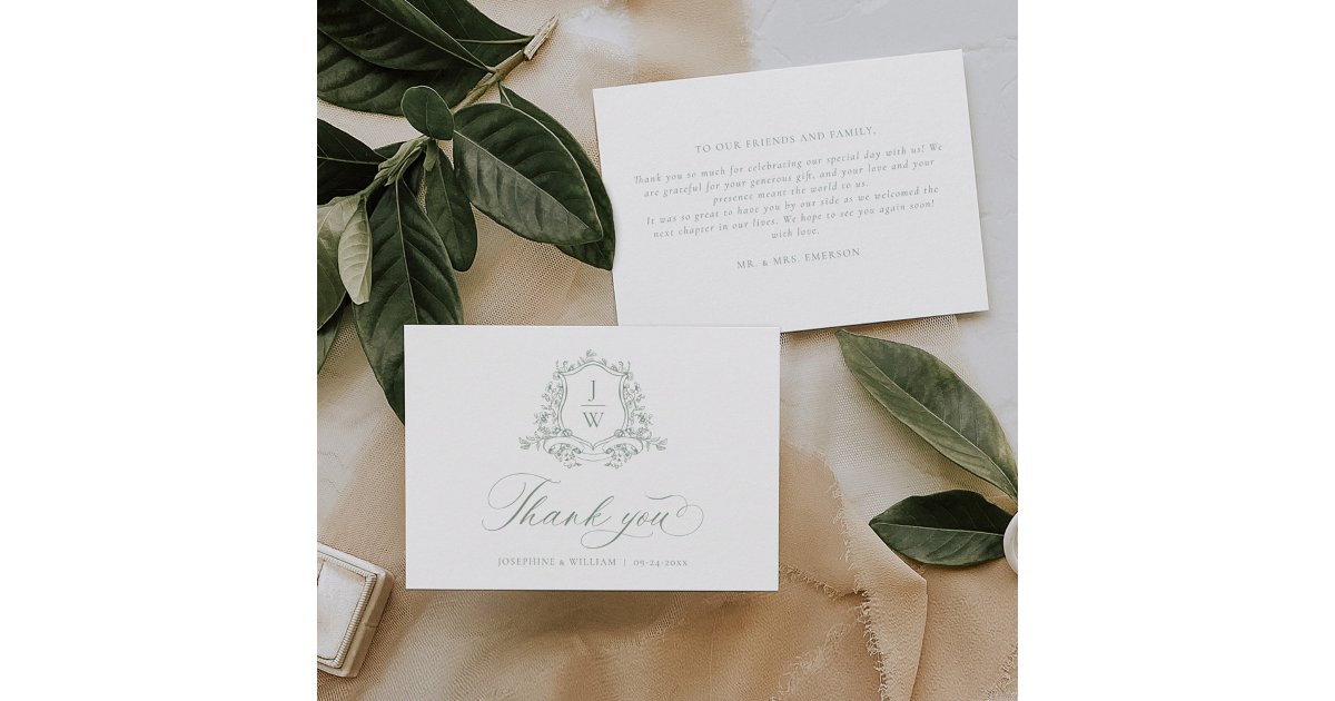 Sage Green Monogram Floral Crest Elegant Wedding Thank You Card | Zazzle