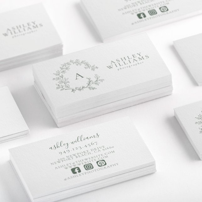 Sage Green Monogram Floral Crest Professional Business Card (Creator Uploaded)