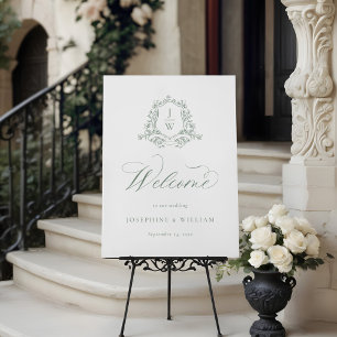 Sage Green Monogram Floral Crest Wedding Welcome Foam Board
