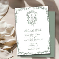 Sage Green Monogram Floral Vintage Crest Wedding