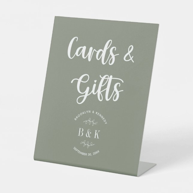Sage Green Monogram Floral Wedding Cards & Gifts Pedestal Sign (Front)