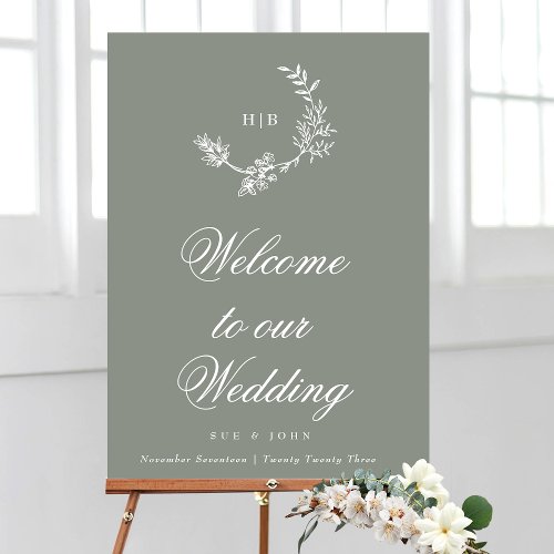 Sage Green Monogram Floral Wedding Welcome Foam Board