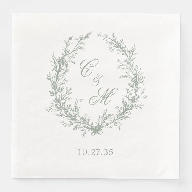 Sage Green Monogram Floral Wreath Wedding Paper Dinner Napkins (Front)