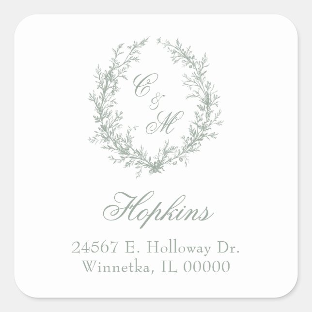 Sage Green Monogram Floral Wreath Wedding Square Sticker (Front)