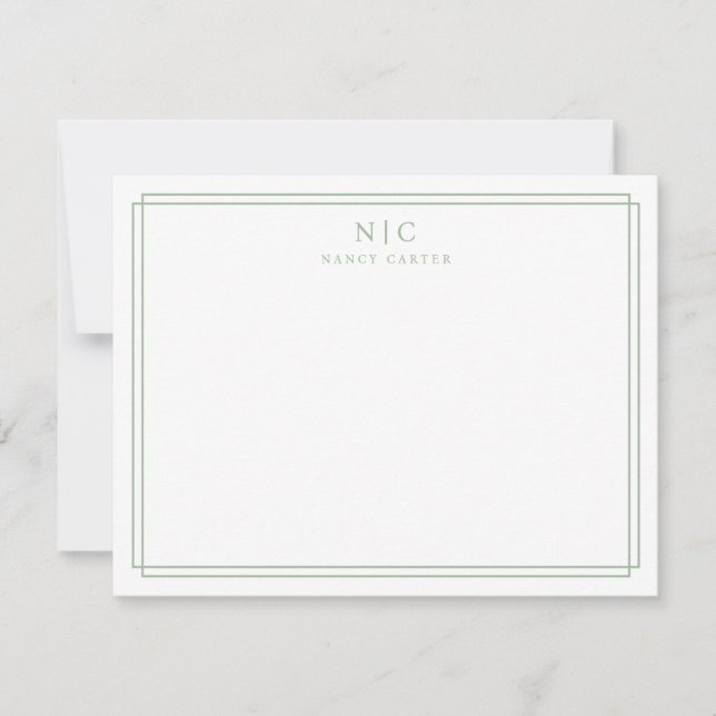 Sage Green Monogram Geometric Border Note Card (Front)
