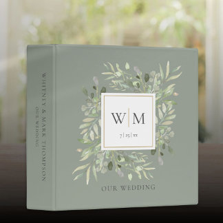 Sage Green Monogram Greenery Wedding Photo Album 3 Ring Binder
