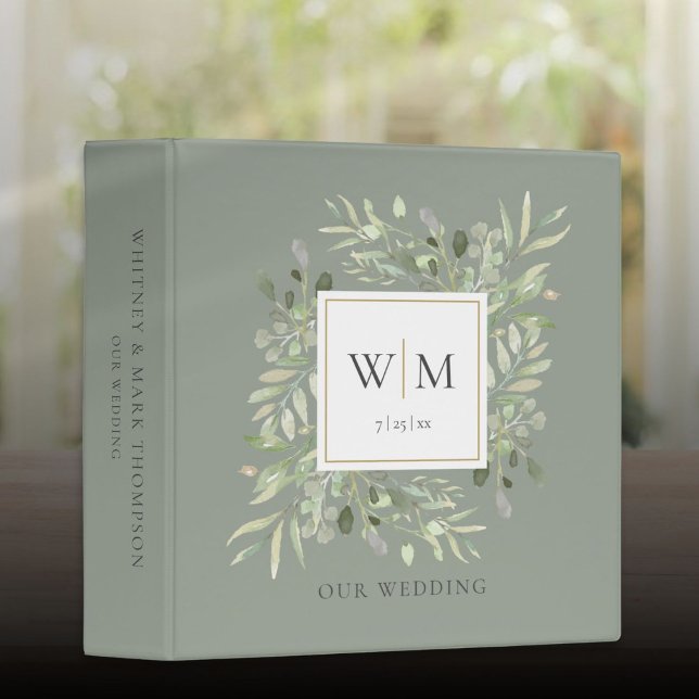 Sage Green Monogram Greenery Wedding Photo Album 3 Ring Binder (Sage Green Monogram Greenery Wedding Photo Album 3 Ring Binder)