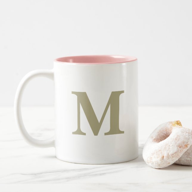 Sage Green Monogram Initial Letter Wedding Gift Two-Tone Coffee Mug (With Donut)
