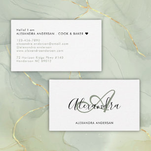 Sage Green Monogram Initial Script Name Business Card