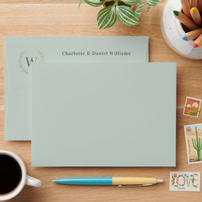 Sage green monogram initial wreath return address envelope (Desk)