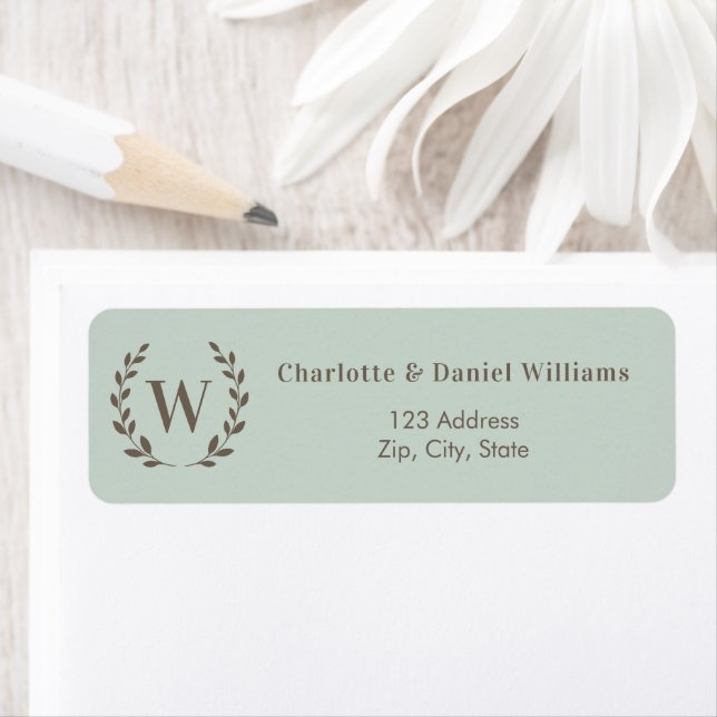 Sage green monogram initial wreath return address label (Insitu)