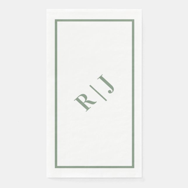 Sage Green Monogram Initials White Script Wedding Paper Guest Towels (Front)