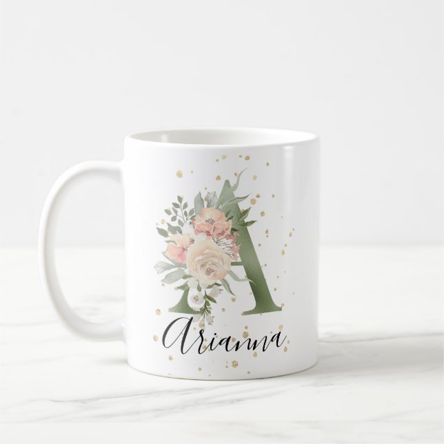 Sage Green Monogram Letter A Peach Beige Floral Coffee Mug (Left)