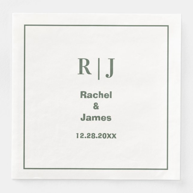 Sage Green Monogram Minimal Elegant Modern Wedding Paper Dinner Napkins (Front)