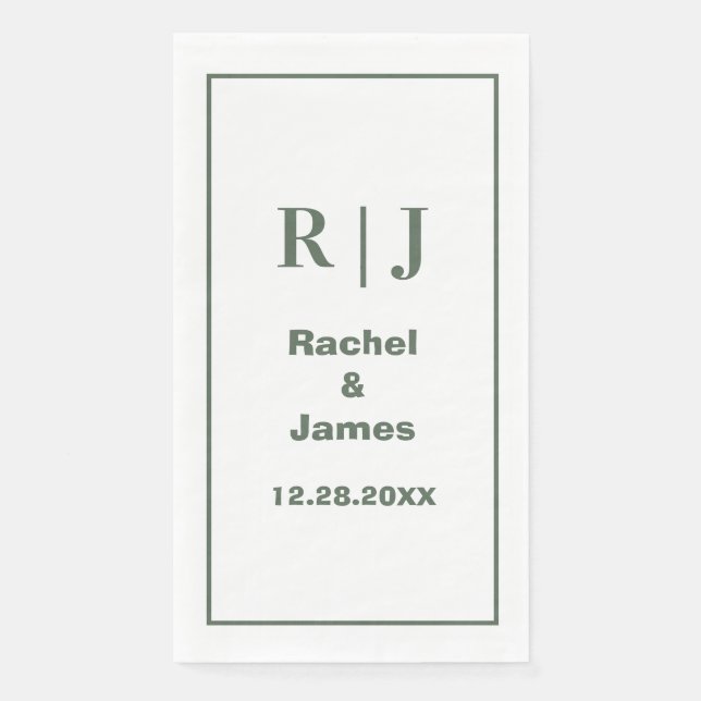 Sage Green Monogram Minimal Elegant Modern Wedding Paper Guest Towels (Front)