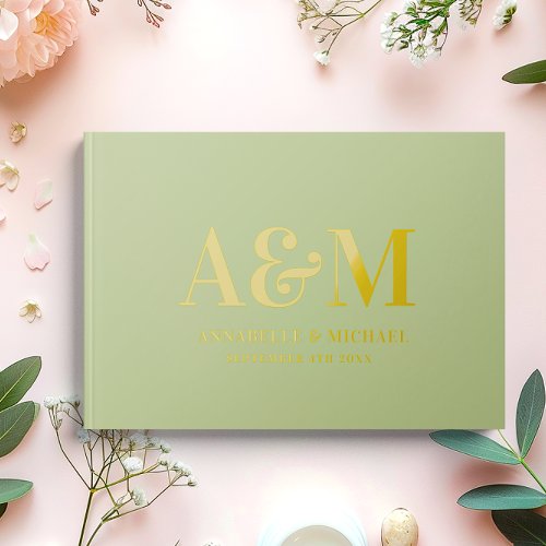 SAGE GREEN MONOGRAM MINIMALIST WEDDING  FOIL GUEST BOOK 