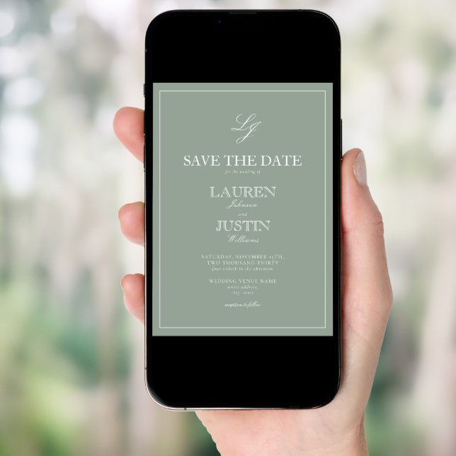 Sage Green Monogram Modern Script Save the Date Invitation (Front Digital)