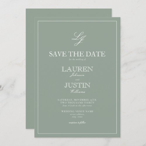 Sage Green Monogram Modern Script Save the Date Invitation