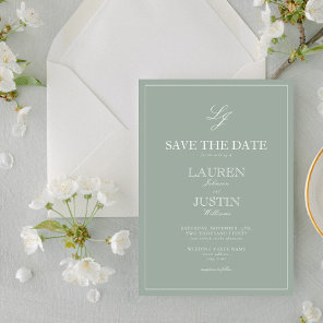 Sage Green Monogram Modern Script Save the Date Invitation