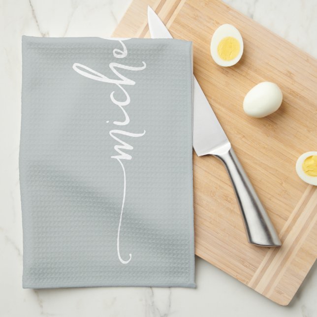 Sage Green Monogram Name Calligraphy Script Kitchen Towel (Quarter Fold)