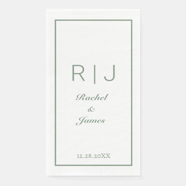 Sage Green Monogram Name Elegant Minimal Wedding Paper Guest Towels (Front)