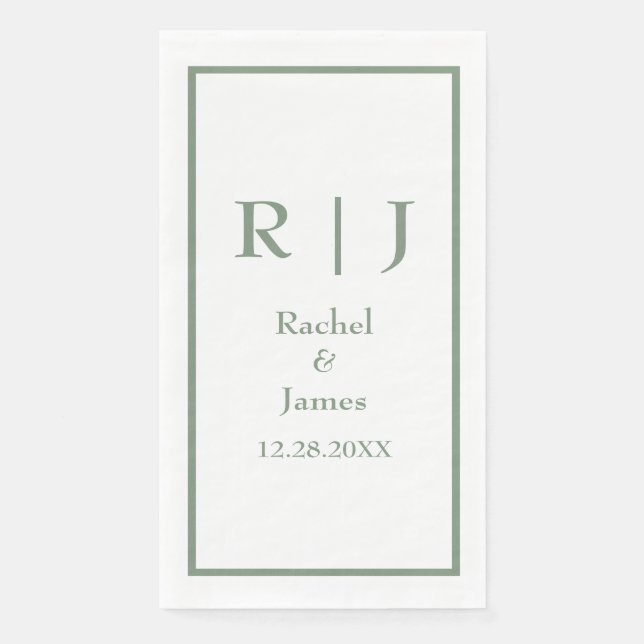 Sage Green Monogram Name Elegant Minimal Wedding Paper Guest Towels (Front)