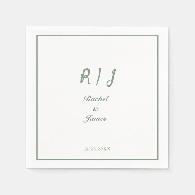 Sage Green Monogram Name Elegant Script Wedding Napkins (Front)