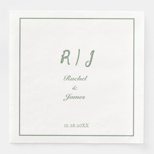 Sage Green Monogram Name Elegant Script Wedding Paper Dinner Napkins (Front)