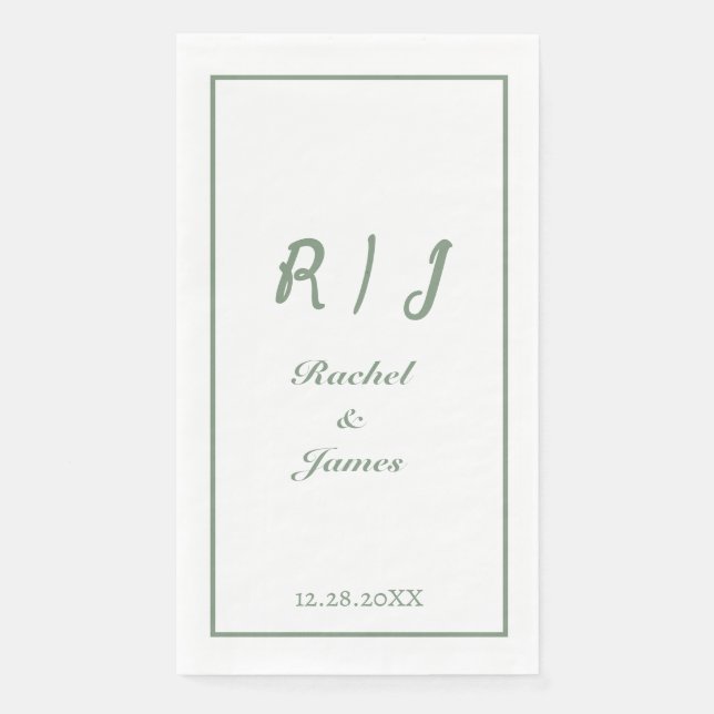 Sage Green Monogram Name Elegant Script Wedding Paper Guest Towels (Front)