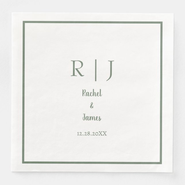 Sage Green Monogram Name Minimal Elegant Wedding Paper Dinner Napkins (Front)