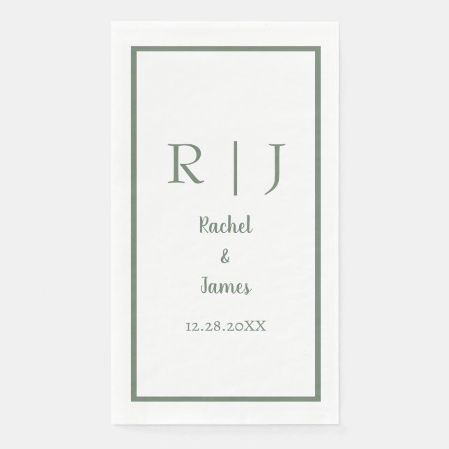 Sage Green Monogram Name Minimal Elegant Wedding Paper Guest Towels (Front)