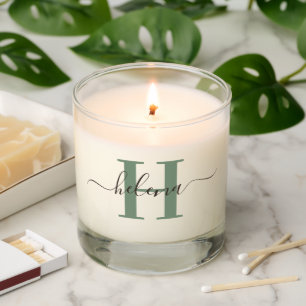 Sage Green Monogram Name   Modern Elegant Script Scented Candle