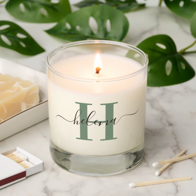 Sage Green Monogram Name | Modern Elegant Script Scented Candle (Lit)
