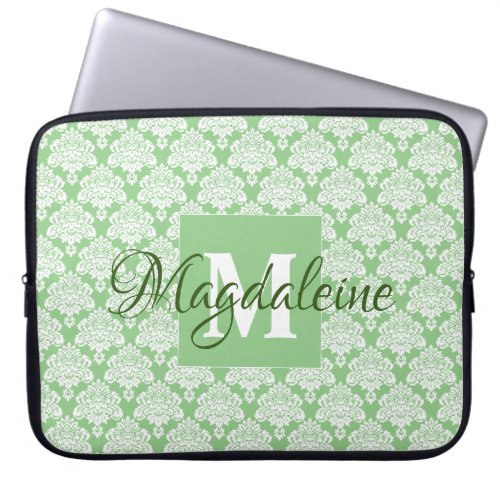 Sage Green Monogram  Name Vintage Damask Pattern Laptop Sleeve