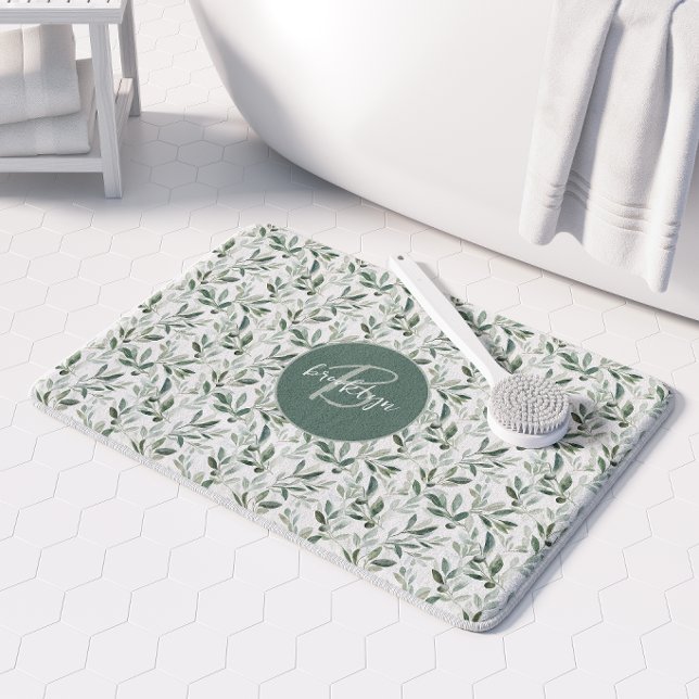 Sage Green Monogram Rustic Olive Pattern Bath Mat (Creator Uploaded)