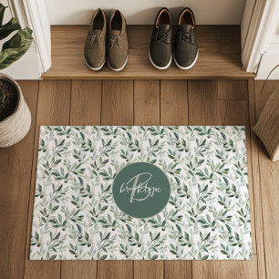 Sage Green Monogram Rustic Olive Pattern Doormat