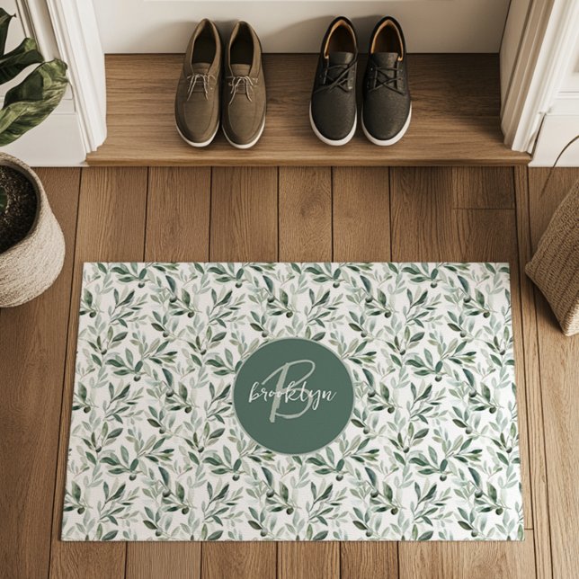 Sage Green Monogram Rustic Olive Pattern Doormat (Creator Uploaded)