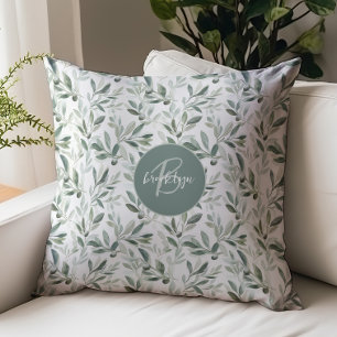 Sage Green Monogram Rustic Olive Pattern Throw Pillow